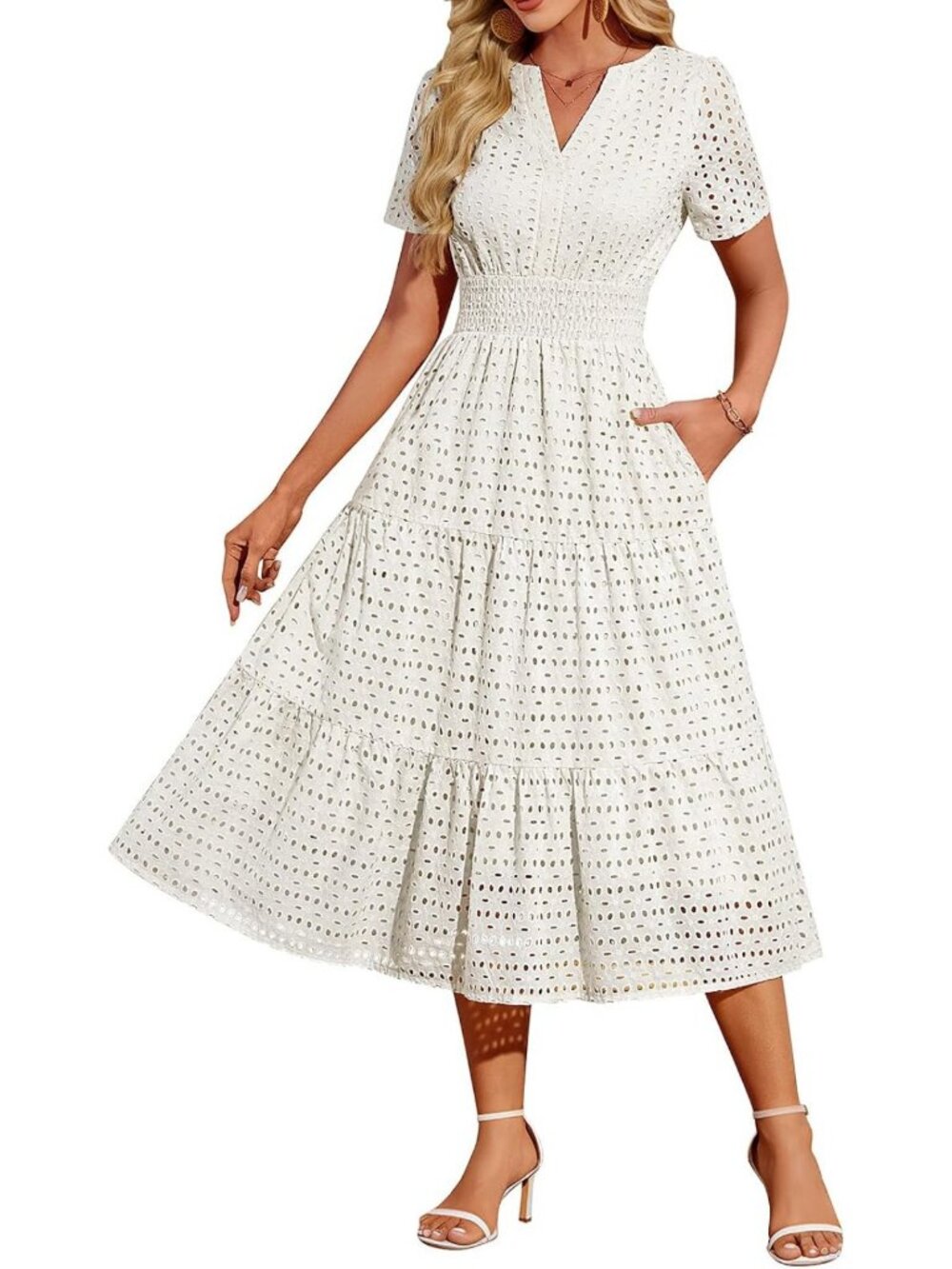 Chic Women's Eyelet Midi Dress | V-Neck, Smocked Waist, A-Line Style